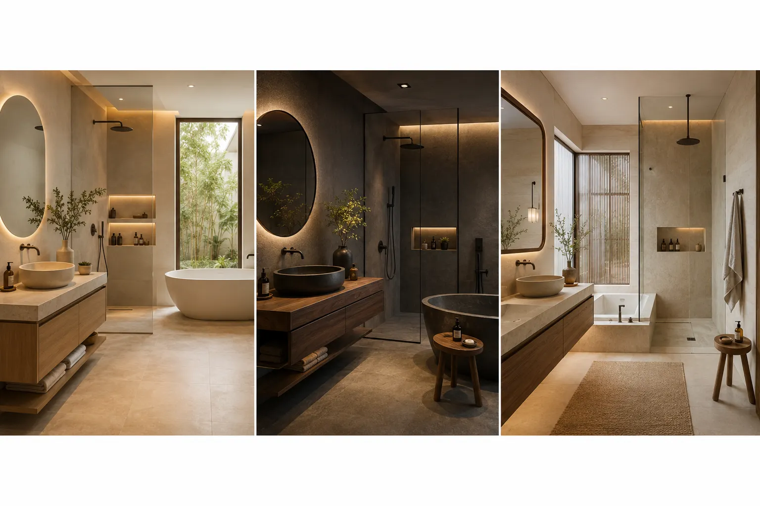 Luxury Japandi bathroom ideas collage featuring three modern spa-inspired interiors with floating wood vanities, freestanding soaking tubs, frameless glass showers, warm ambient lighting, beige stone textures, minimalist decor, and elegant Scandinavian Japanese design aesthetics.