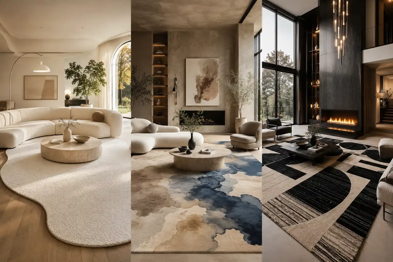 Luxury modern living room collage featuring curved cream rug ideas, abstract watercolor rug, and oversized geometric rug with elegant contemporary furniture, floor to ceiling windows, neutral decor styling, and high-end modern interior design inspiration.