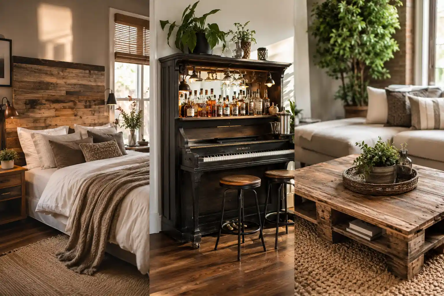 Collage featuring three stunning DIY upcycled furniture ideas including a reclaimed wood bedroom headboard, vintage piano transformed into a luxury home bar, and rustic pallet coffee table in a cozy modern farmhouse living room.
