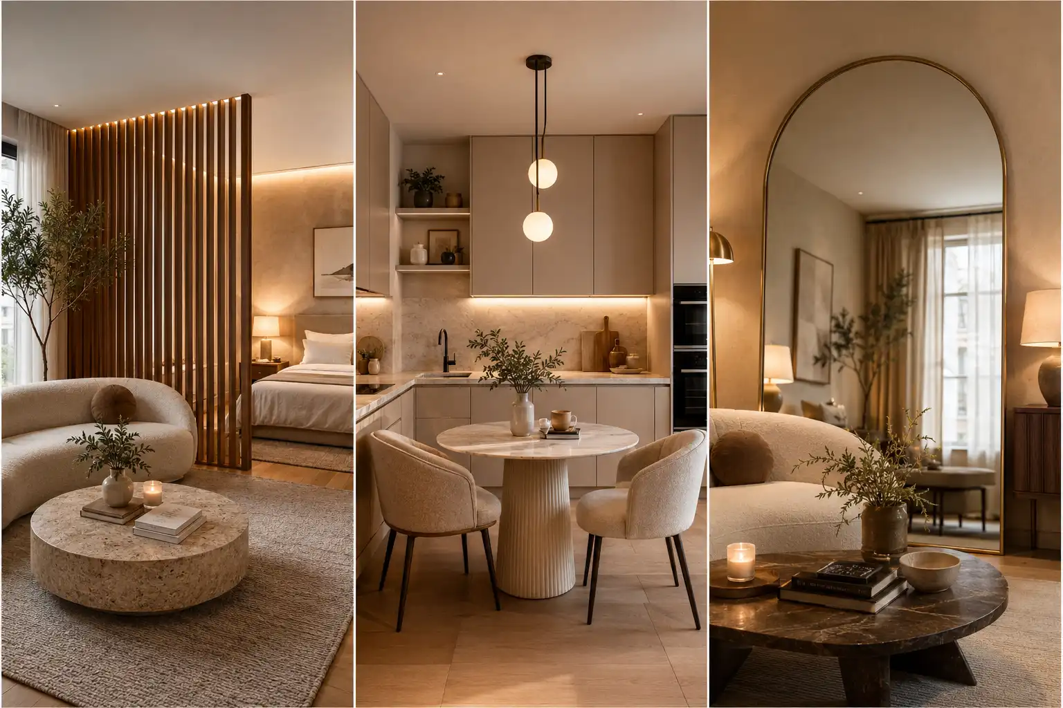 Luxury studio apartment decor ideas featuring modern wood slat bedroom divider, cozy neutral living room, elegant dining nook, oversized arched mirror, warm lighting, and high-end small apartment decor inspiration.