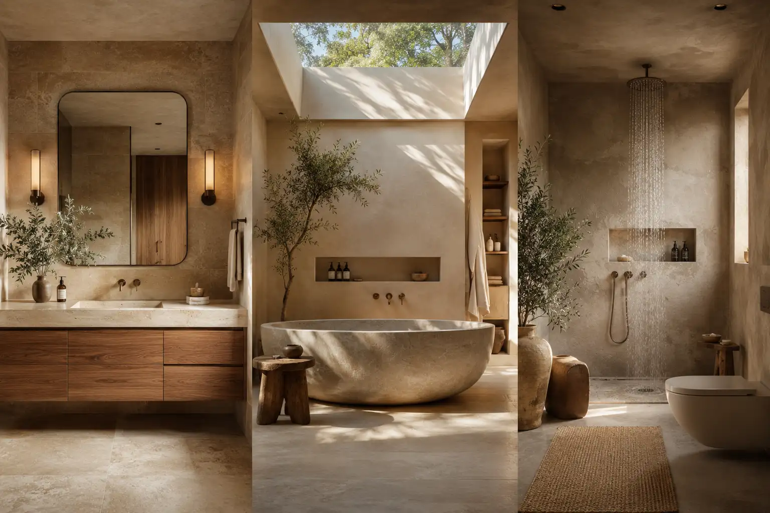 Luxury earthy bathroom ideas collage featuring three organic modern spa bathrooms with warm travertine stone textures, floating wood vanities, freestanding soaking bathtubs, rainfall shower, skylight ceiling, soft ambient lighting, natural greenery, and calming neutral earthy tones in a seamless modern interior design layout.