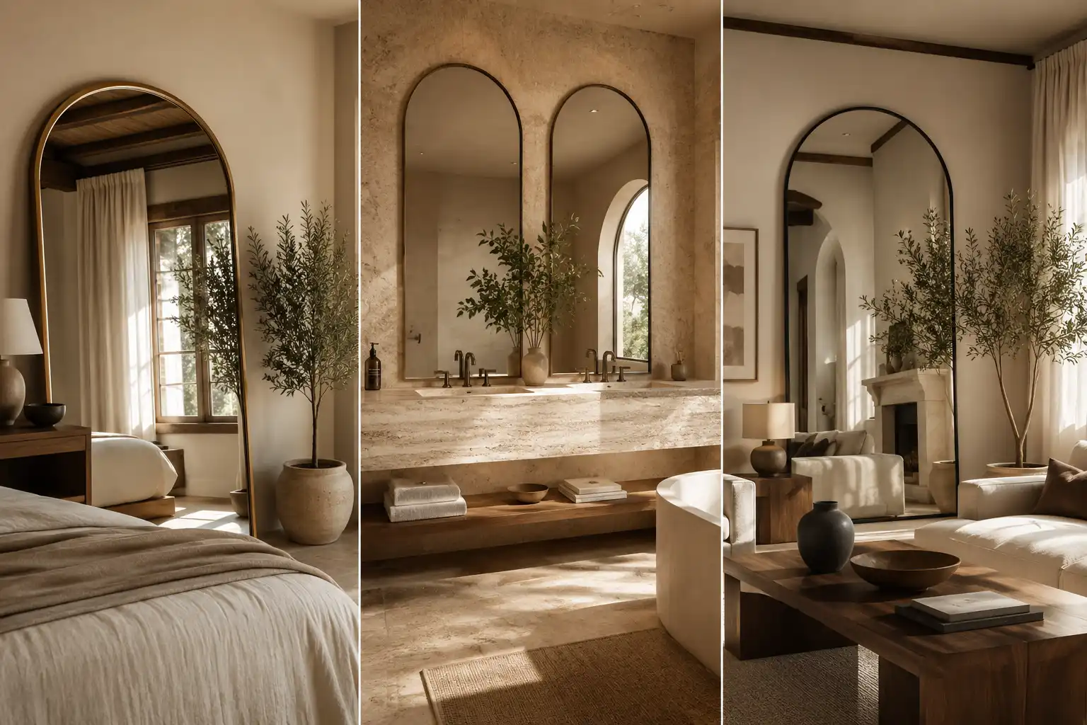 Luxury collage featuring three elegant arch mirror ideas interiors including a neutral modern bedroom with oversized leaning mirror, a spa-inspired bathroom with double arch mirrors above a floating vanity, and a sophisticated living room with a tall black frame arch mirror, styled with warm natural lighting, earthy neutral tones, wood textures, and high-end modern organic home decor.