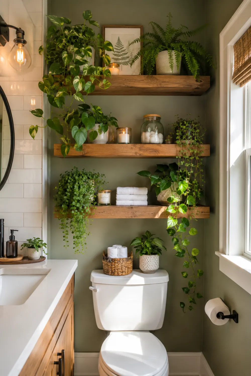 Spa-inspired bathroom featuring rustic wooden floating shelves decorated with trailing pothos vines, lush green ferns, candles, woven baskets, folded white towels, and modern bathroom plant decor ideas for small spaces