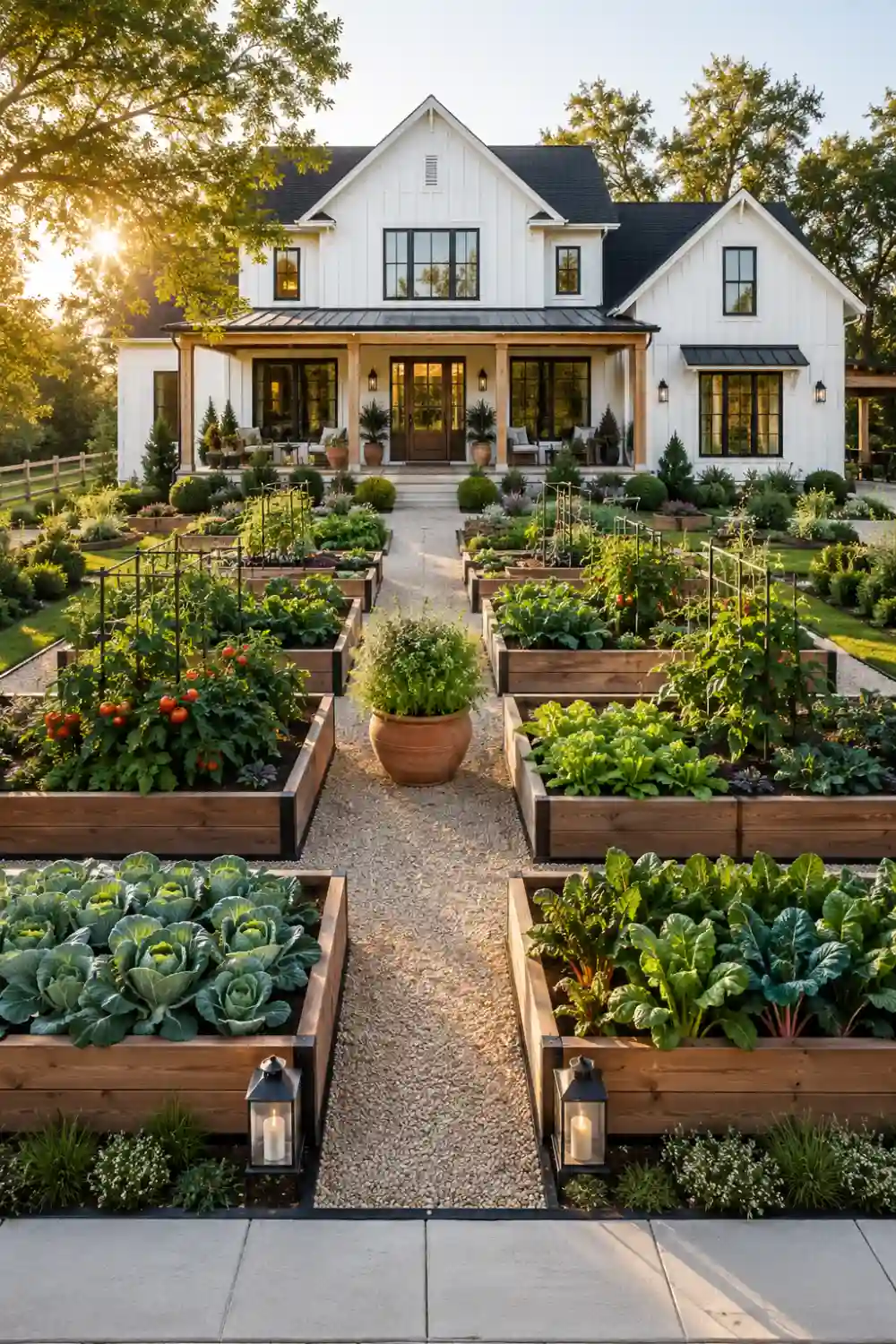 Luxury cedar raised bed front yard vegetable garden in front of a modern white farmhouse featuring symmetrical wooden garden beds filled with tomatoes, lettuce, kale, cabbage, herbs, and leafy greens, surrounded by gravel pathways, decorative planters, landscape lighting, and beautifully maintained curb appeal.