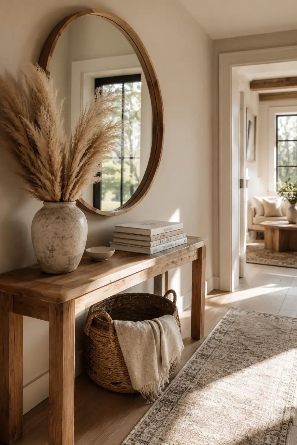 Cozy beige entry hallway featuring a large round wooden mirror above a rustic wood console table, ceramic vase filled with pampas grass, woven storage basket, soft neutral runner rug, warm beige walls, light oak flooring, and bright natural sunlight creating an inviting modern farmhouse-inspired entryway.
