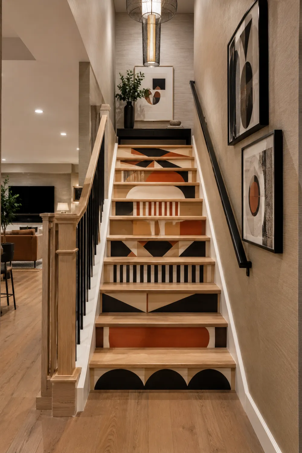 Modern basement staircase featuring painted geometric stair risers in warm earthy tones, natural wood stair treads, black metal railing, contemporary wall art, designer lighting, and stylish basement renovation inspiration