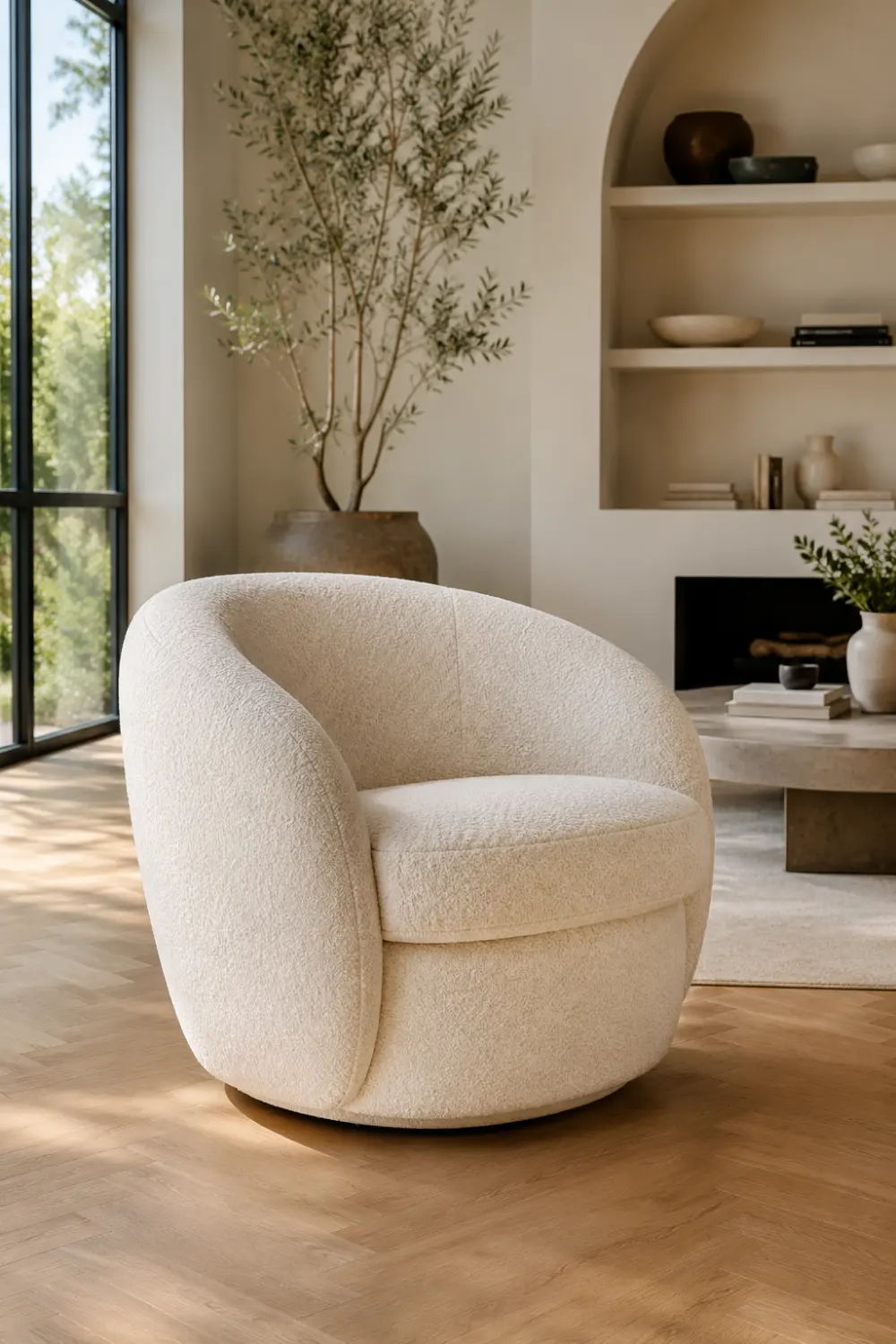 Luxury ivory boucle curved accent chair placed in a bright organic modern living room featuring warm wood flooring, neutral color palette, soft natural sunlight, minimalist decor accents, and designer-inspired styling. Cozy reading corner with a sculptural accent chair showcasing one of the most popular home decor trends of 2026, perfect for modern living room ideas, luxury home interiors, and contemporary furniture inspiration.