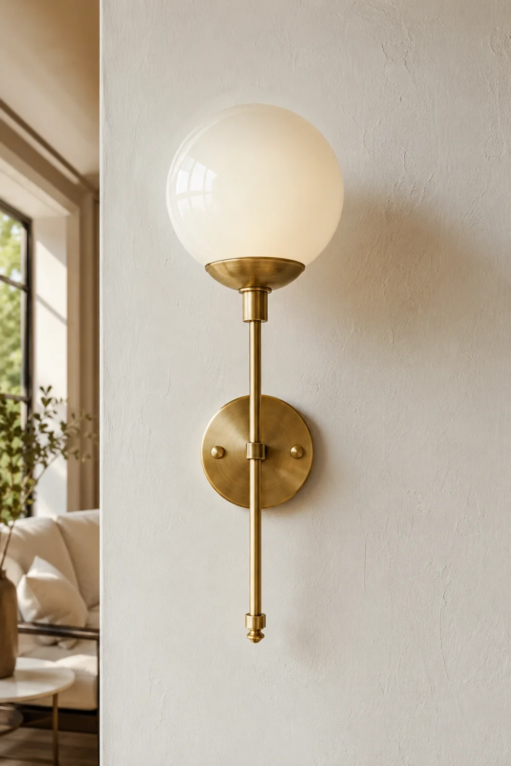 Elegant modern globe brass wall sconce featuring a frosted white glass globe and brushed brass hardware mounted on a textured cream wall in a luxury living room, creating warm ambient lighting and a sophisticated contemporary interior design aesthetic.