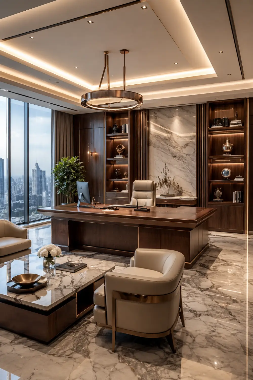 Luxury CEO penthouse office interior featuring polished marble flooring, a custom walnut executive desk, floor-to-ceiling windows with skyline views, illuminated built-in shelving, designer chandelier, premium leather seating, architectural lighting, and sophisticated high-end corporate workspace design.