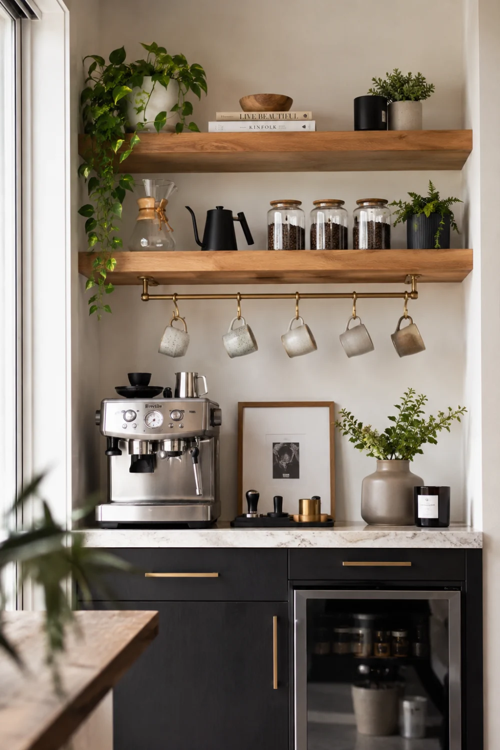 Modern floating shelf coffee station featuring natural wood shelves, premium stainless steel espresso machine, hanging ceramic mugs, glass coffee bean containers, decorative indoor plants, brass accents, and organized coffee accessories in a stylish small kitchen designed for compact living spaces.