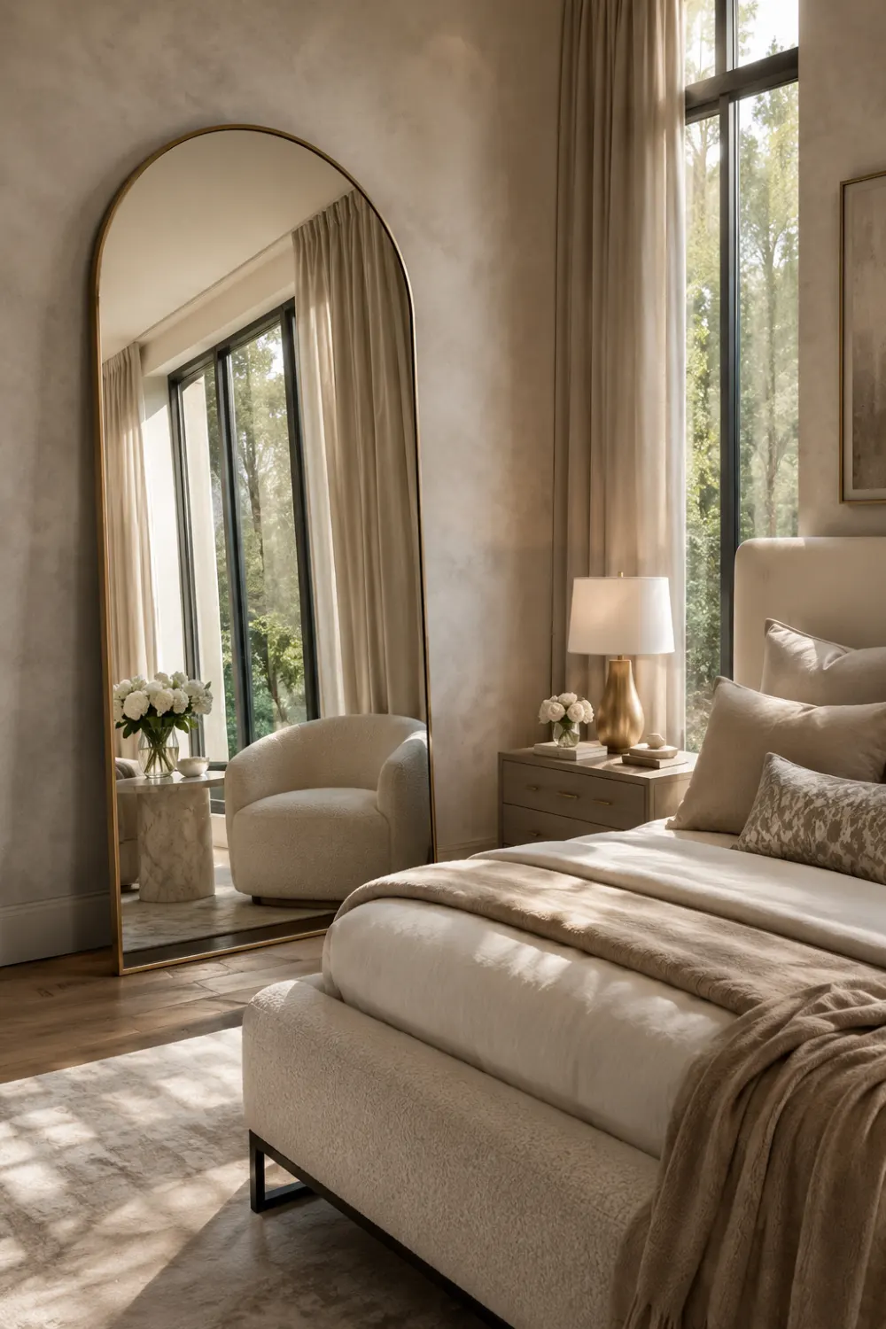 Large full length arched floor mirror positioned beside a luxury upholstered bed in a modern bedroom featuring neutral beige decor, floor to ceiling windows, natural sunlight, cozy layered bedding, elegant furniture, warm wood flooring, and sophisticated contemporary interior design