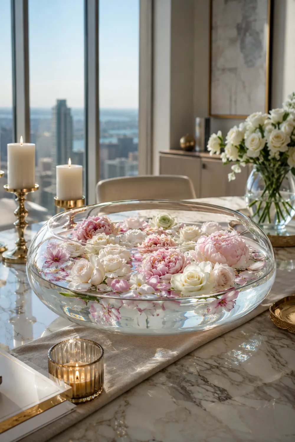 Luxury floating flower bowl display featuring blush pink peonies, white roses, and delicate flower petals floating in crystal clear water inside a large glass bowl on a marble dining table with candles, elegant decor accents, and natural sunlight, creating a sophisticated flower home decor centerpiece for modern interiors. Luxury floating flower bowl display featuring blush pink peonies, white roses, and delicate flower petals floating in crystal clear water inside a large glass bowl on a marble dining table with candles, elegant decor accents, and natural sunlight, creating a sophisticated flower home decor centerpiece for modern interiors.