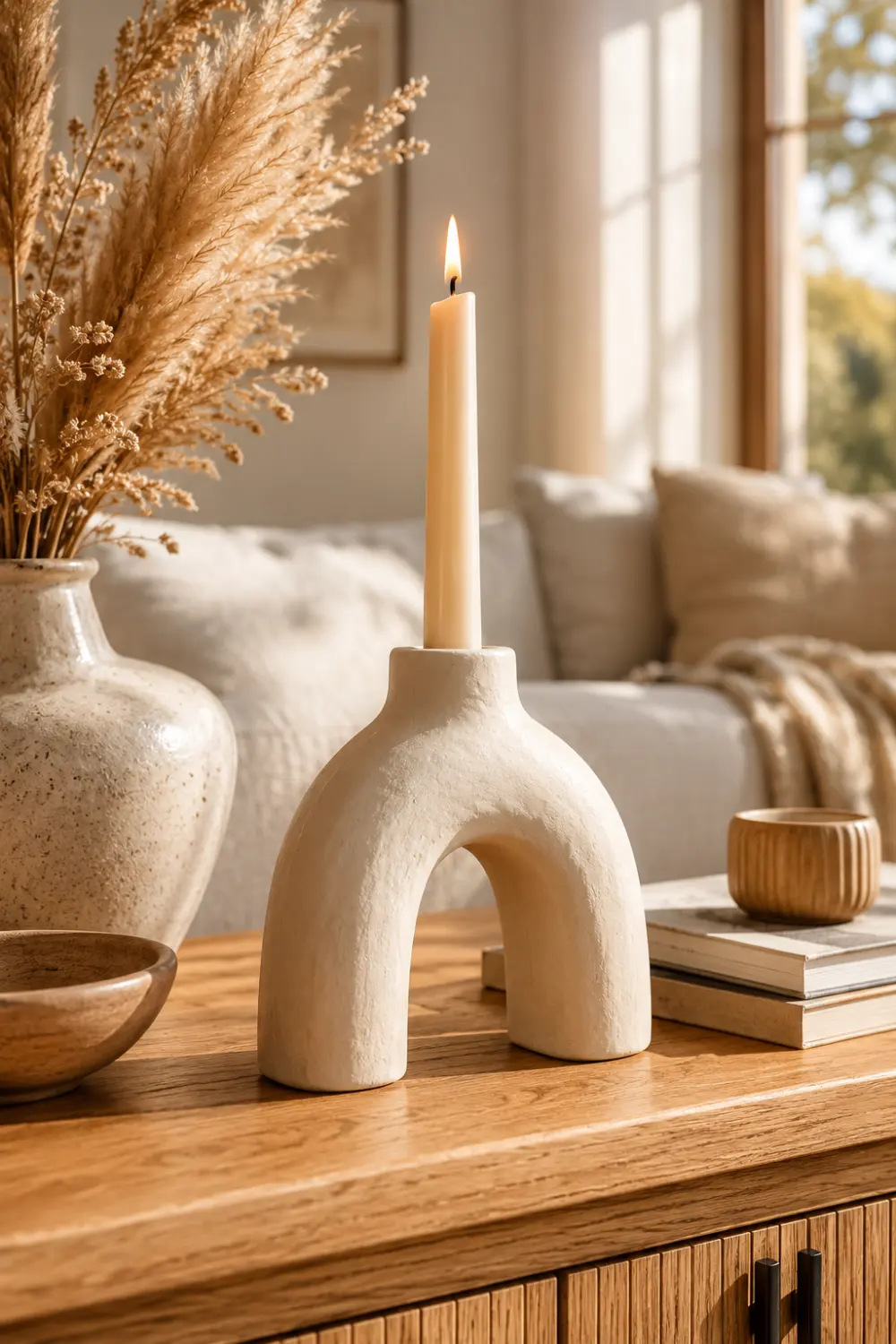 Handmade minimalist DIY clay candle holder with an elegant arch design holding a lit taper candle on a wooden console table, styled with neutral decor, dried pampas grass, ceramic accessories, and warm natural sunlight in a modern farmhouse living room.
