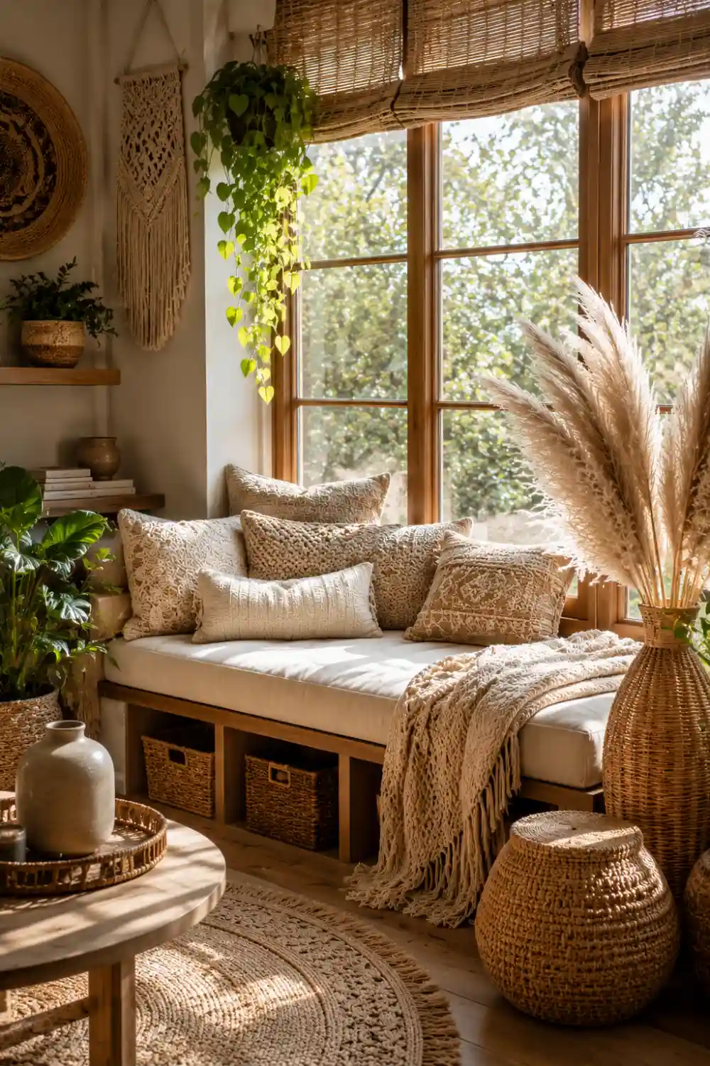 Beautiful boho window seat styled with woven baskets, macrame wall decor, neutral textured pillows, soft cream cushions, pampas grass, indoor plants, and warm natural sunlight. This cozy bohemian reading nook creates a relaxing home retreat with earthy textures, organic materials, and inviting layered decor.