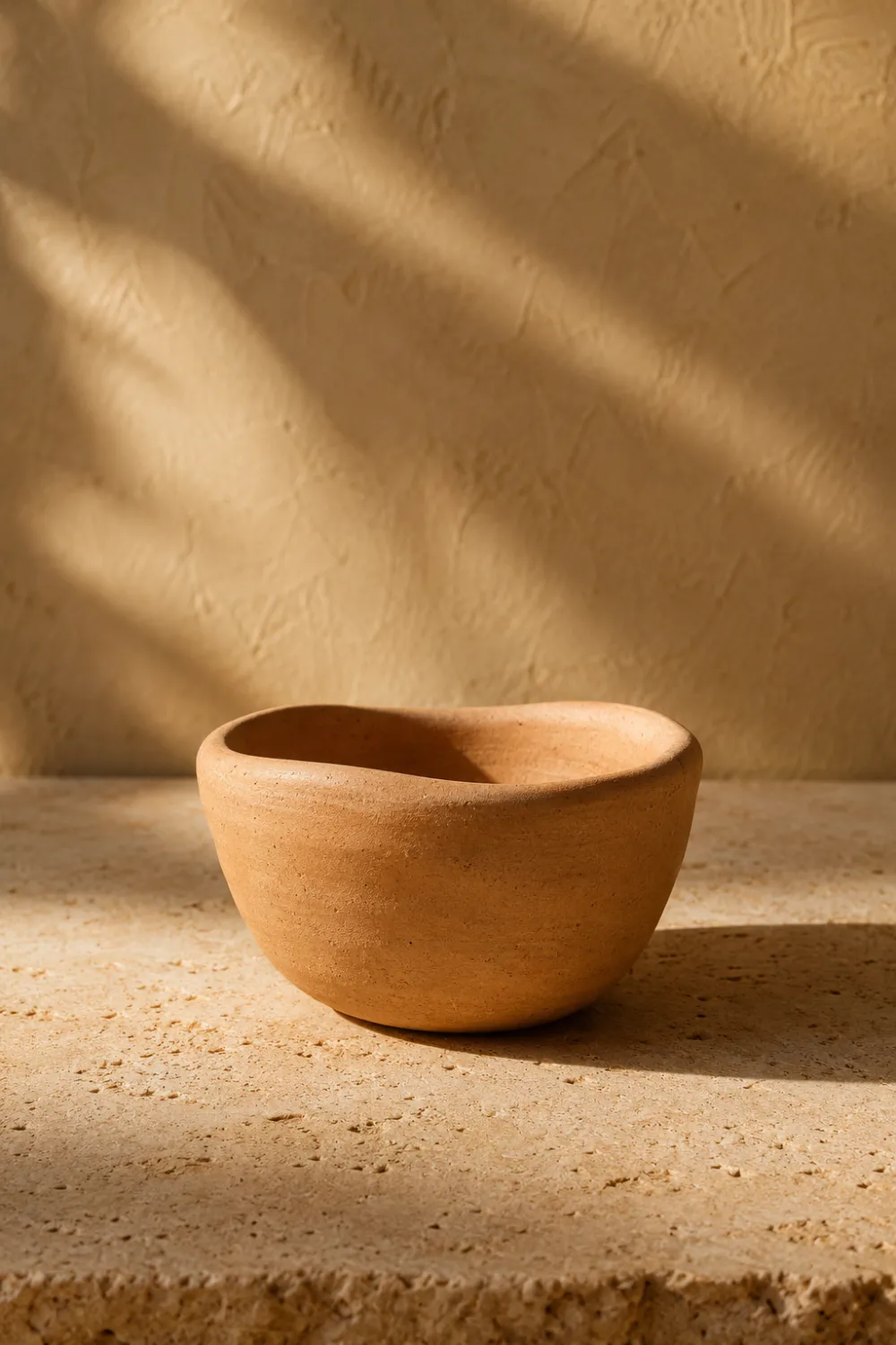 Minimalist clay pinch pot bowl displayed on a natural stone surface with warm sunlight and earthy beige tones. Handmade pottery decor piece perfect for modern home decor, rustic interiors, boho styling, coffee table decor, shelf styling, and artisan ceramic home accessories.