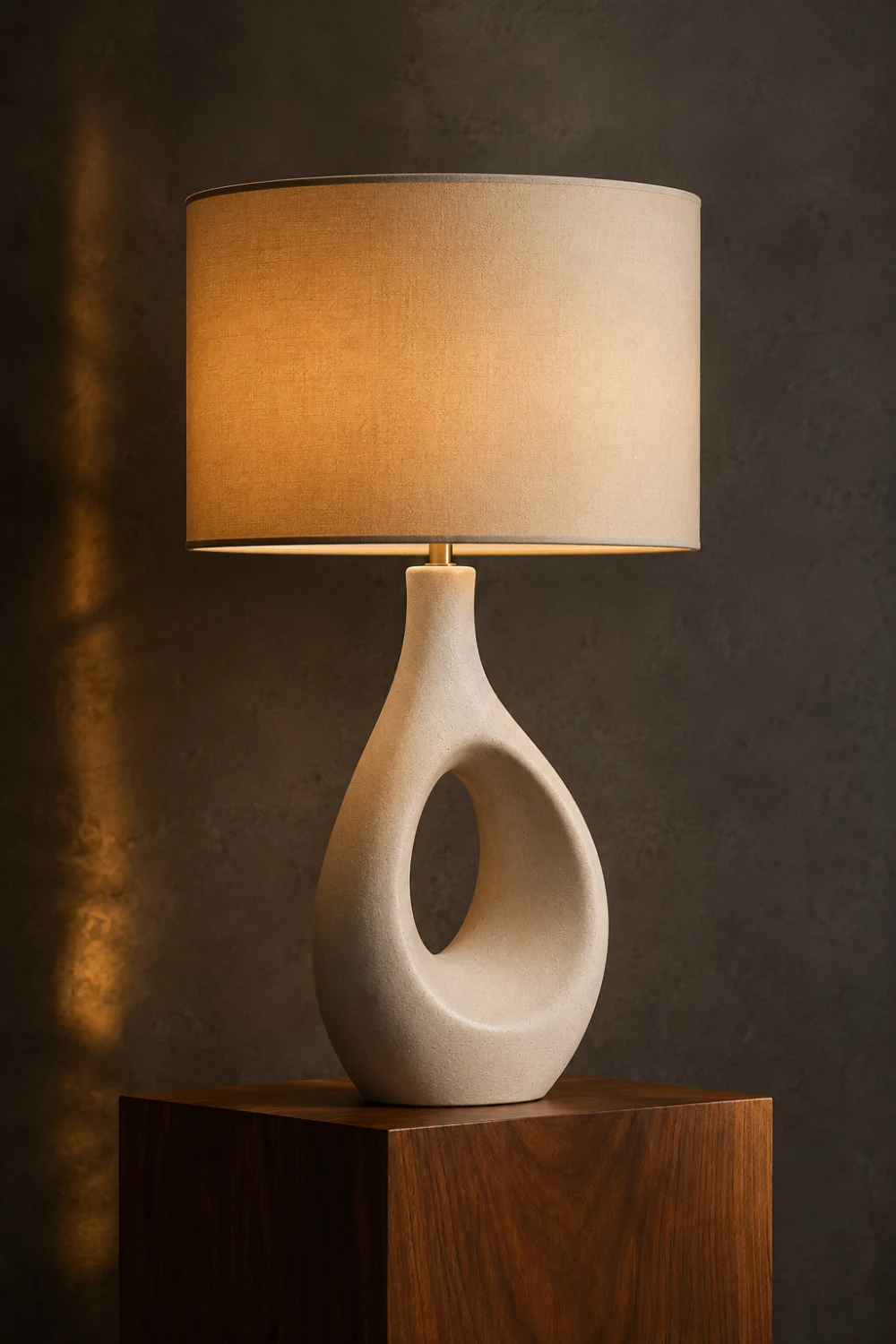 Elegant modern ceramic table lamp with textured sculptural base and beige linen shade displayed on a walnut pedestal in a luxury contemporary home interior with warm ambient lighting