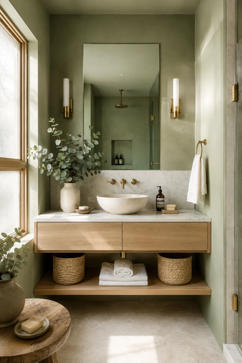 Soft sage green bathroom paint color with light wood floating vanity, white marble countertop, brass wall fixtures, large mirror, natural greenery, and modern small bathroom makeover design