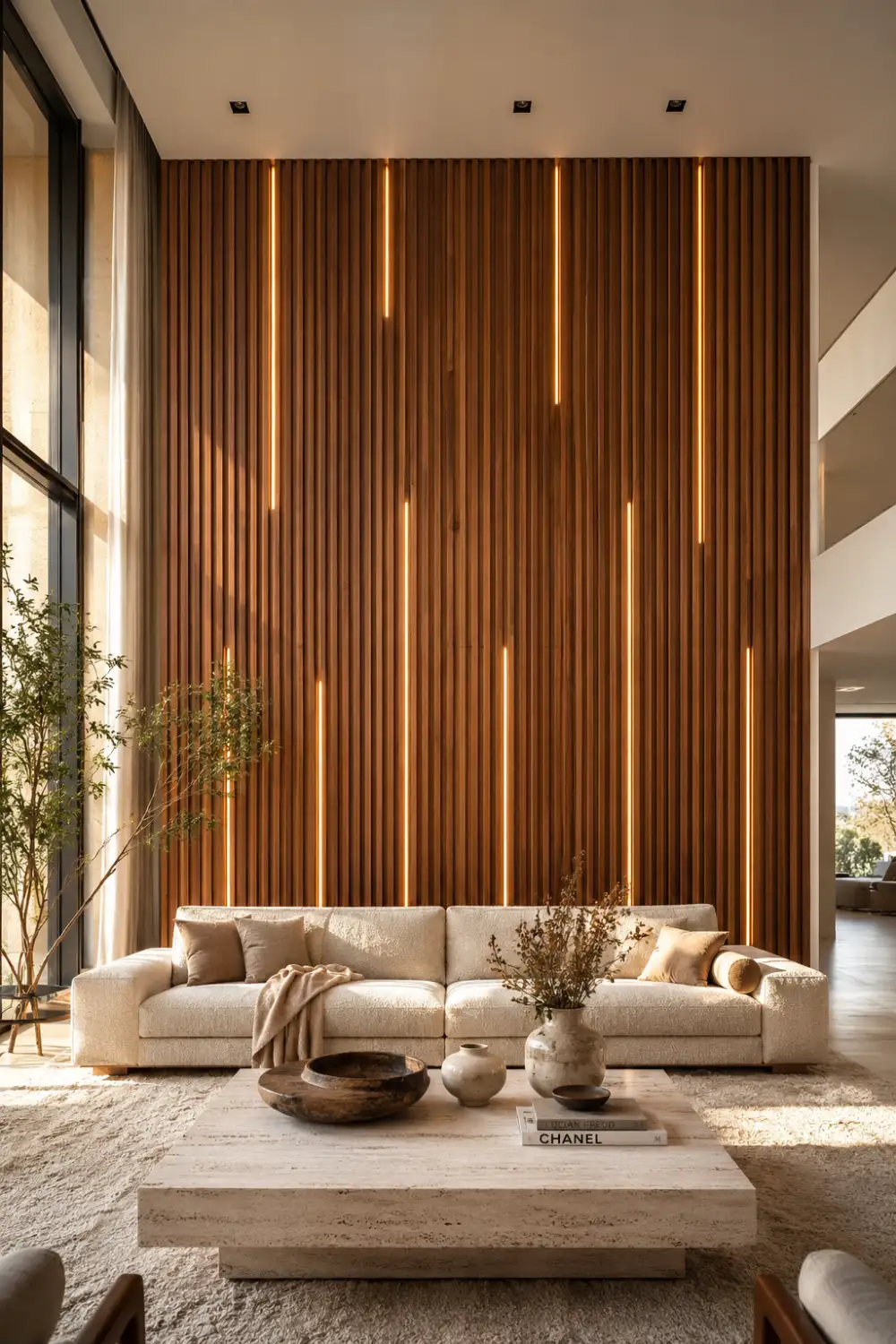 Luxury floor to ceiling walnut wood slat accent wall featuring integrated warm LED strip lighting, modern architectural wall design, contemporary living room focal point, designer home interior with rich wood textures and sophisticated luxury styling.