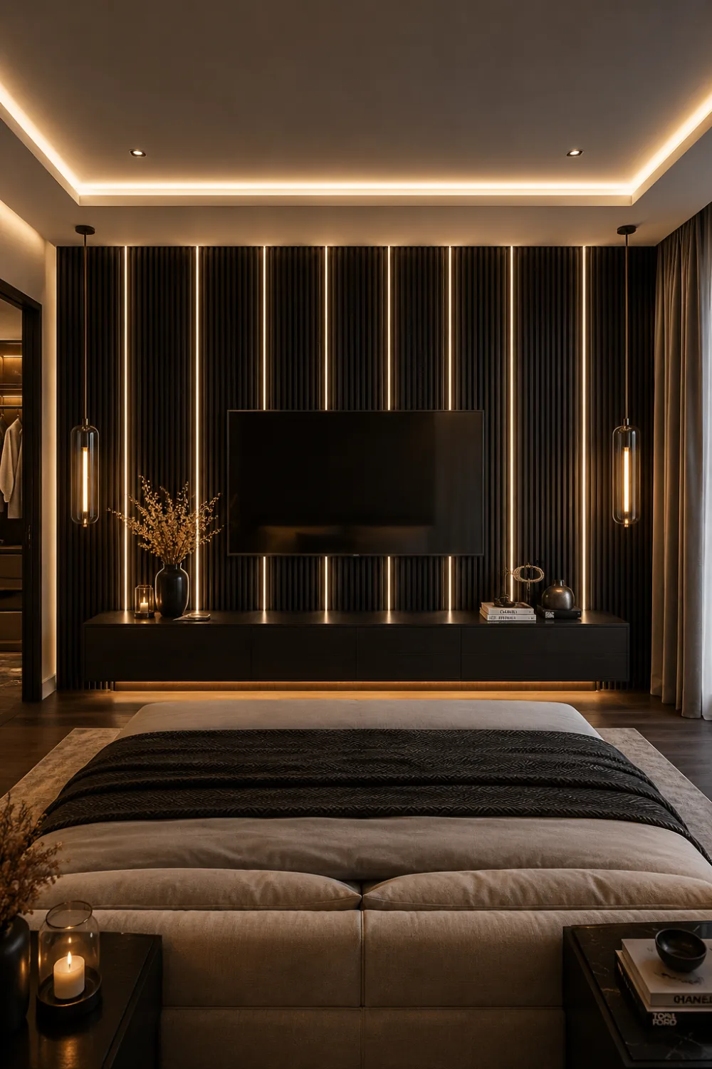 Luxury black fluted bedroom TV wall design featuring vertical slatted panels, warm LED accent lighting, floating black media console, modern king size bed, contemporary bedroom decor, elegant interior styling, luxury hotel inspired bedroom, and stylish TV feature wall idea for modern homes.