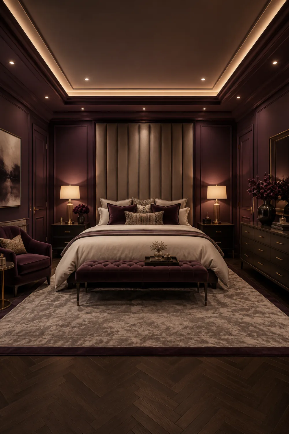 Luxury aubergine plum bedroom featuring deep plum painted walls, tall upholstered headboard, crystal chandelier, dark wood furniture, velvet bench, warm ambient lighting, elegant wall molding, premium bedding, and sophisticated high end bedroom interior design.