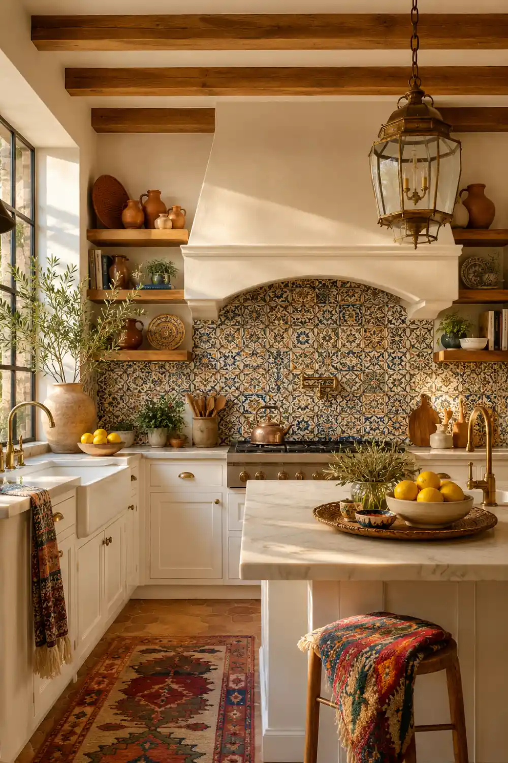 Luxury Moroccan patterned kitchen backsplash featuring intricate handcrafted ceramic tiles in warm beige, cream, blue, and earthy brown tones. This elegant Mediterranean style kitchen includes white shaker cabinets, floating wooden shelves, marble countertops, brushed brass fixtures, ceramic pottery, natural wood accents, and abundant sunlight, creating a timeless luxury kitchen backsplash design perfect for modern home renovation inspiration.