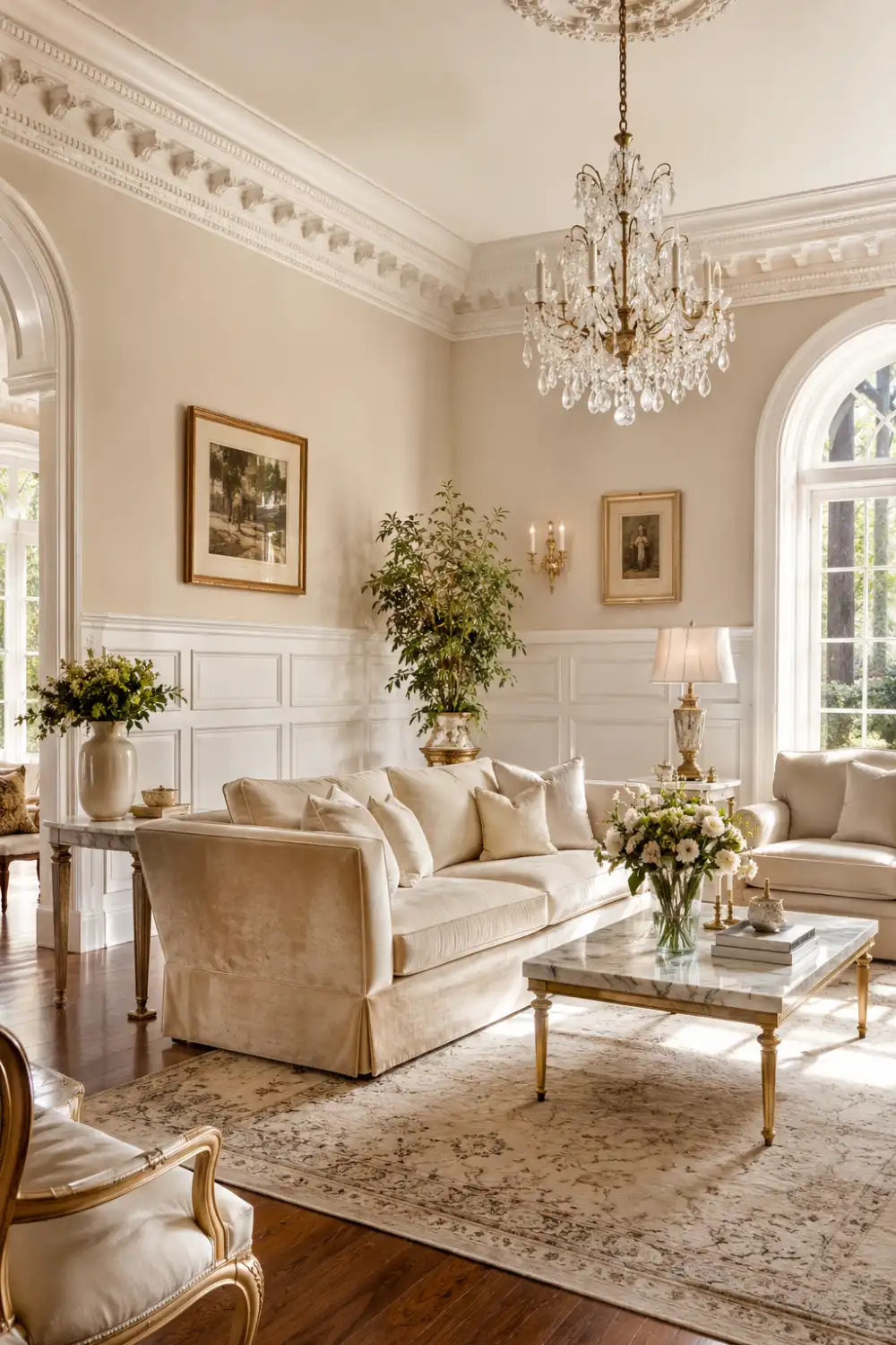 Classic raised panel wainscoting in an elegant luxury living room featuring crisp white wall molding, cream upholstered sofas, crystal chandelier, marble coffee table, hardwood flooring, large arched windows, neutral color palette, and timeless traditional interior design inspiration.