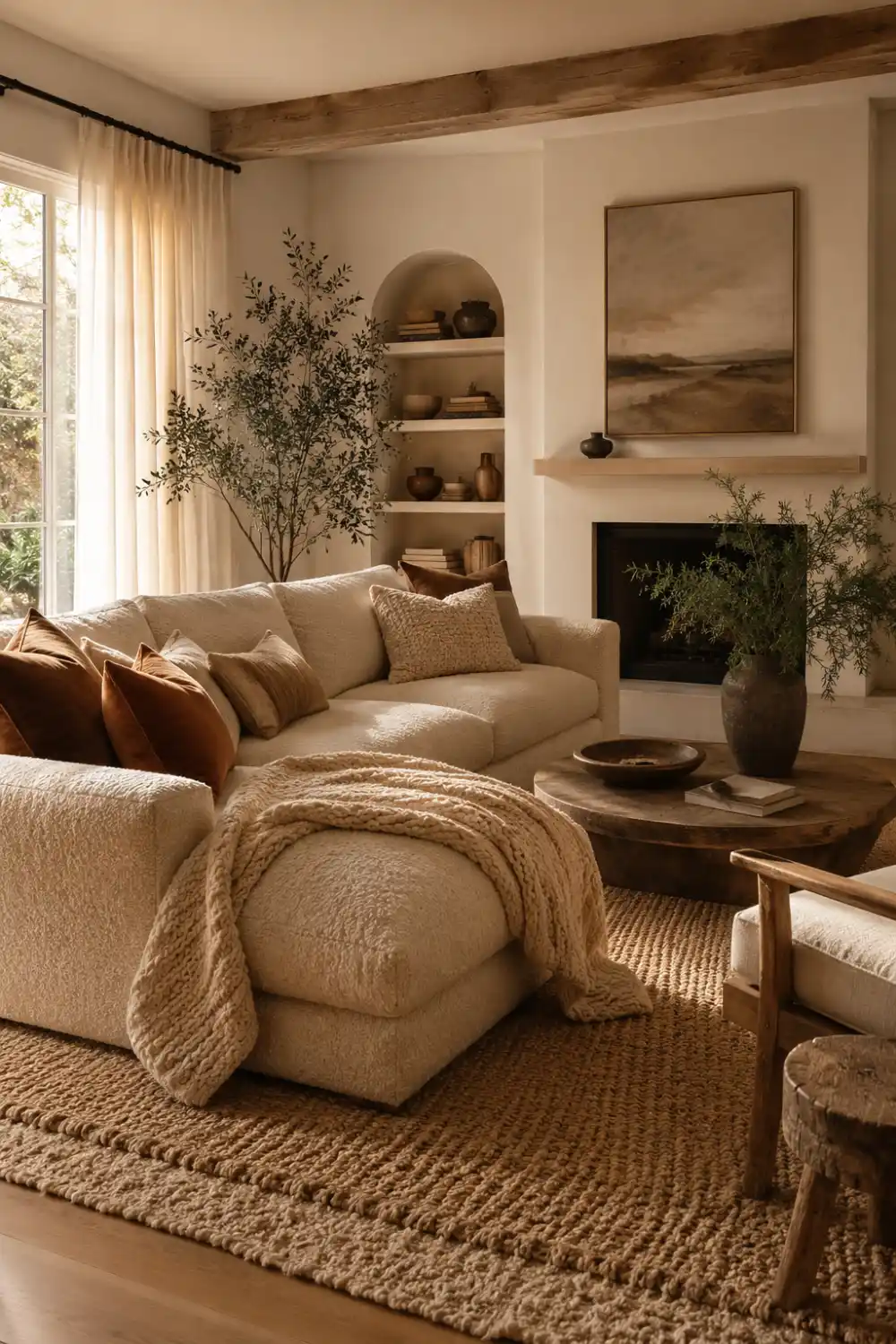 Cozy living room with a cream sectional sofa, chunky knit throw blanket, textured woven area rug, plush neutral pillows, warm sunlight streaming through large windows, natural wood accents, earthy decor elements, and modern organic interior design creating a warm and inviting atmosphere.