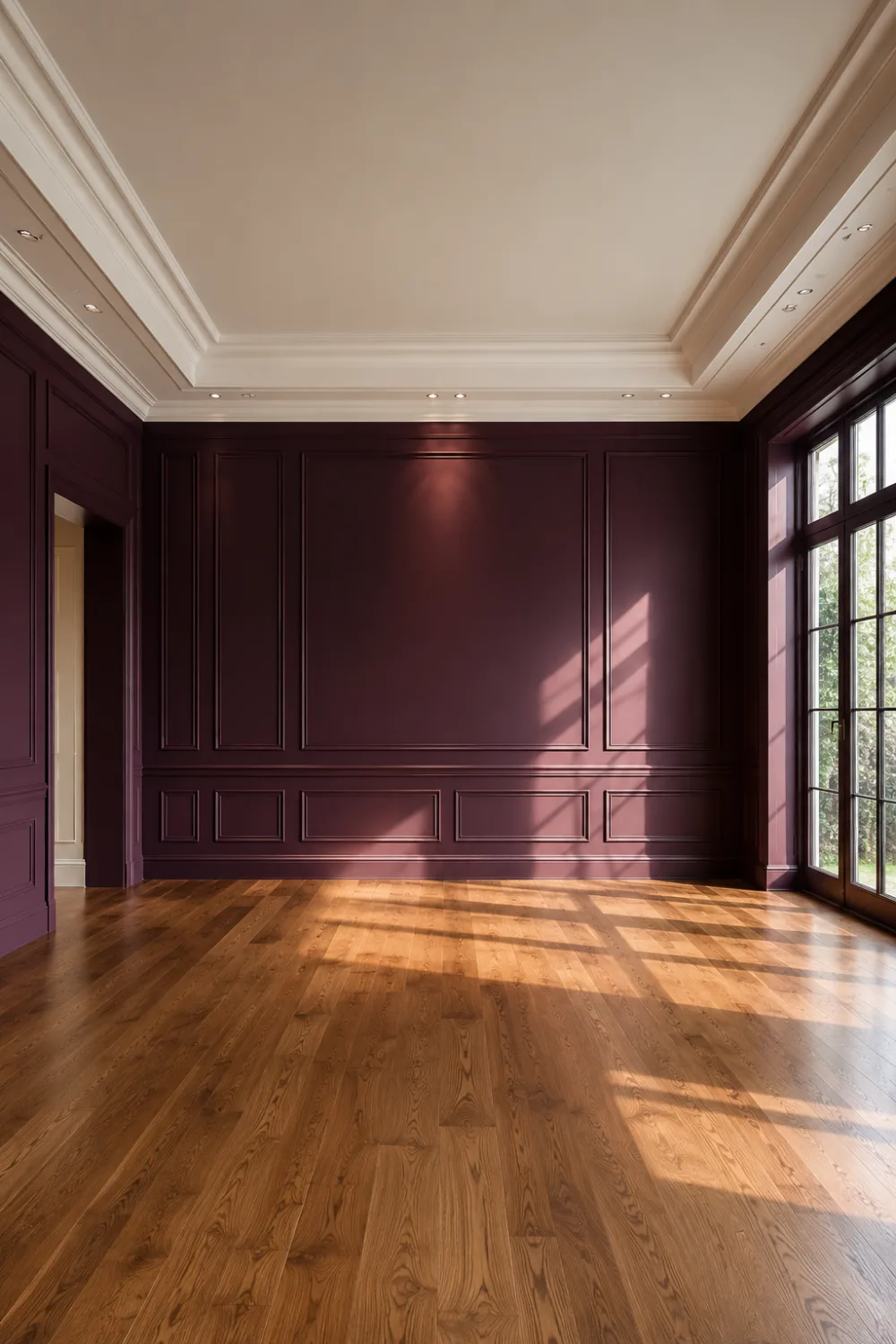 Luxury living room featuring a deep plum accent wall with elegant decorative wall molding, warm hardwood flooring, large floor-to-ceiling windows, natural sunlight casting shadows across the room, sophisticated purple paint color, and modern luxury interior design inspiration.