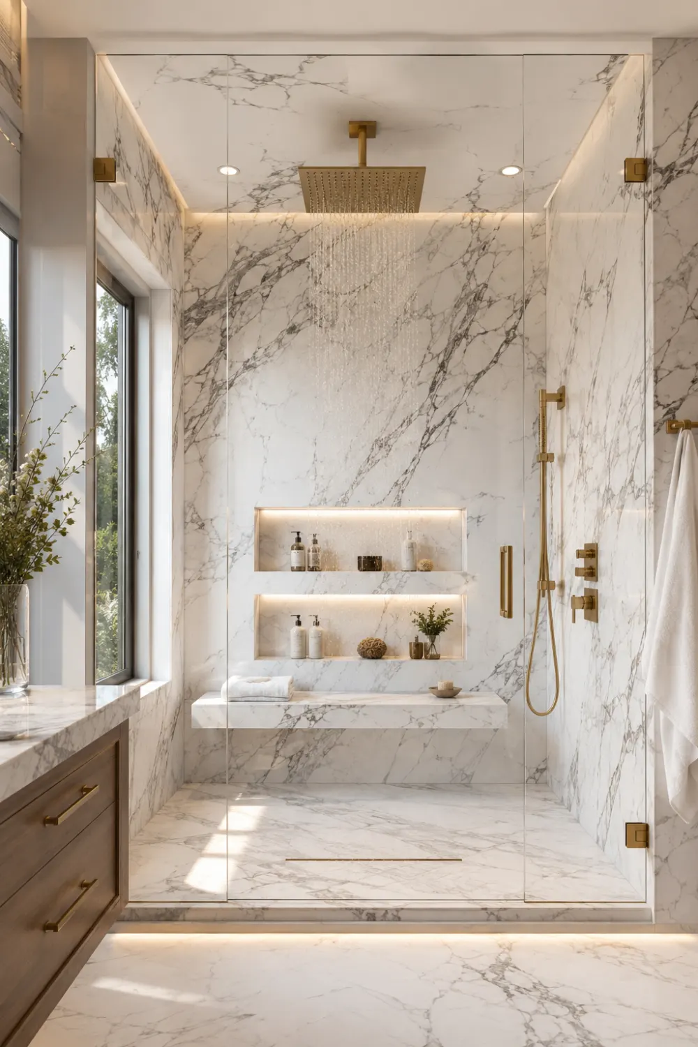 Luxury white marble walk-in shower with frameless glass enclosure, gold rainfall showerhead, floating marble bench, illuminated storage niches, and modern spa-inspired bathroom design.