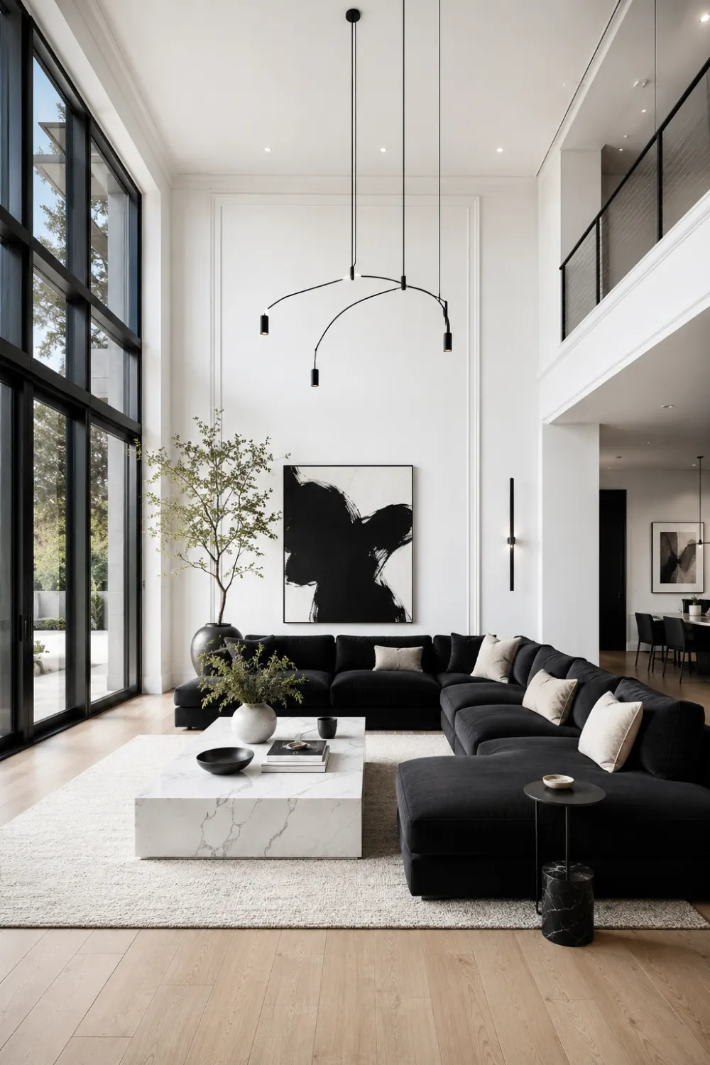 Modern minimalist black and white living room with black sectional sofa, white walls, marble coffee table, abstract artwork, floor-to-ceiling windows, and luxury contemporary decor.