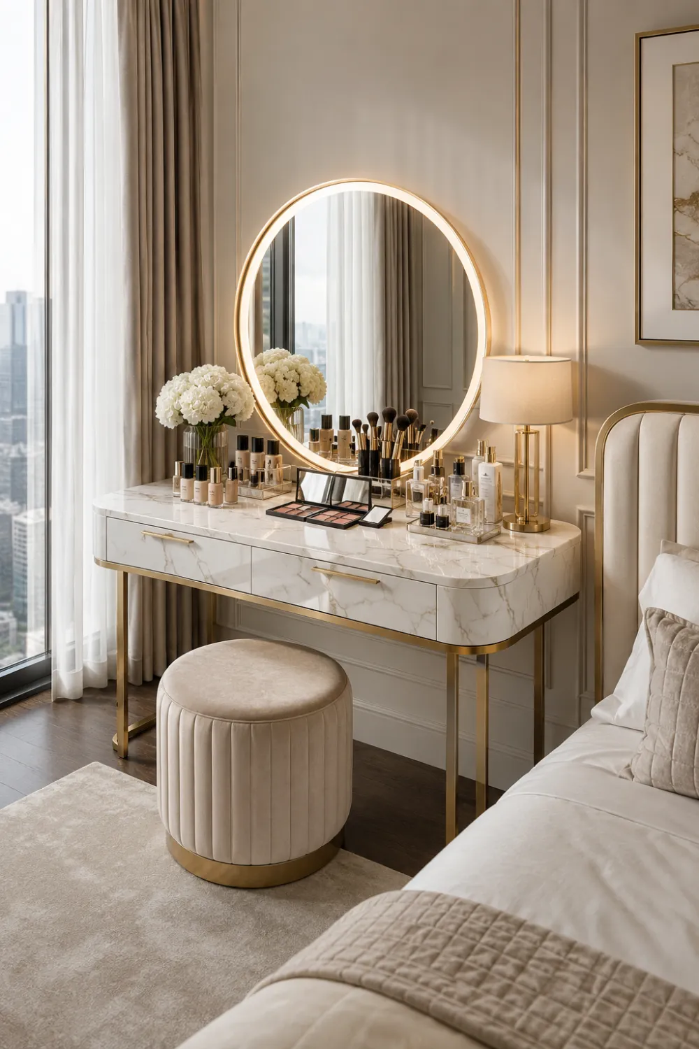 Luxury marble dressing table beside bed with white marble top, brushed gold accents, round LED mirror, beige velvet stool, organized makeup collection, designer perfume bottles, fresh white flowers, elegant wall molding, and modern luxury bedroom interior with soft natural lighting