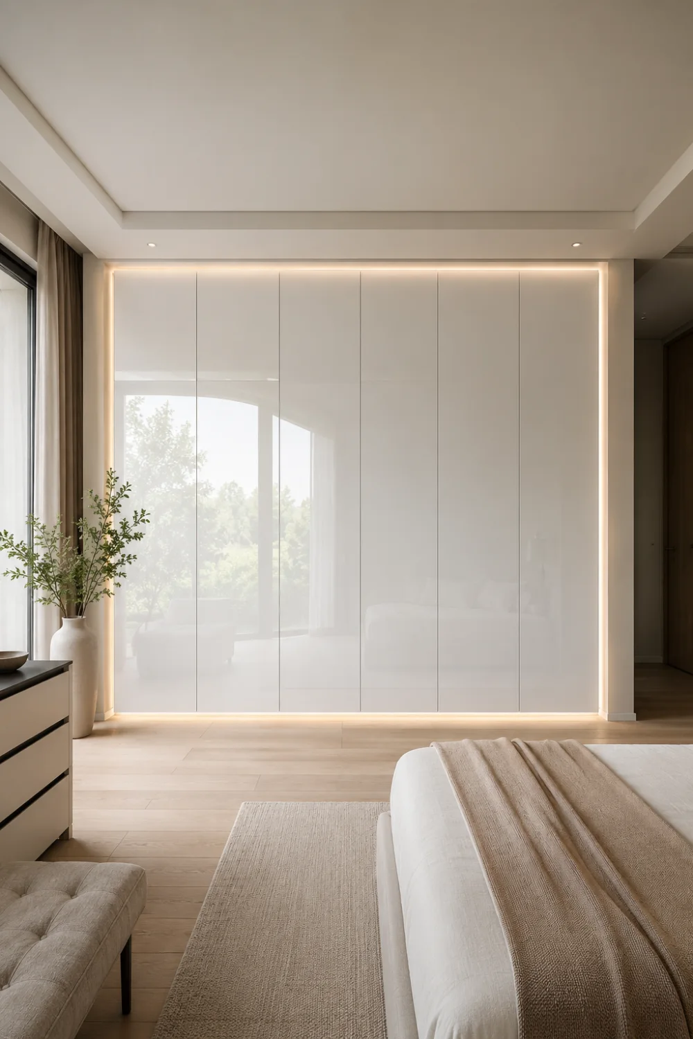 Luxury white high gloss floor-to-ceiling wardrobe with seamless handleless doors, integrated LED perimeter lighting, light wood flooring, and a modern minimalist bedroom interior featuring clean lines and premium built-in storage.