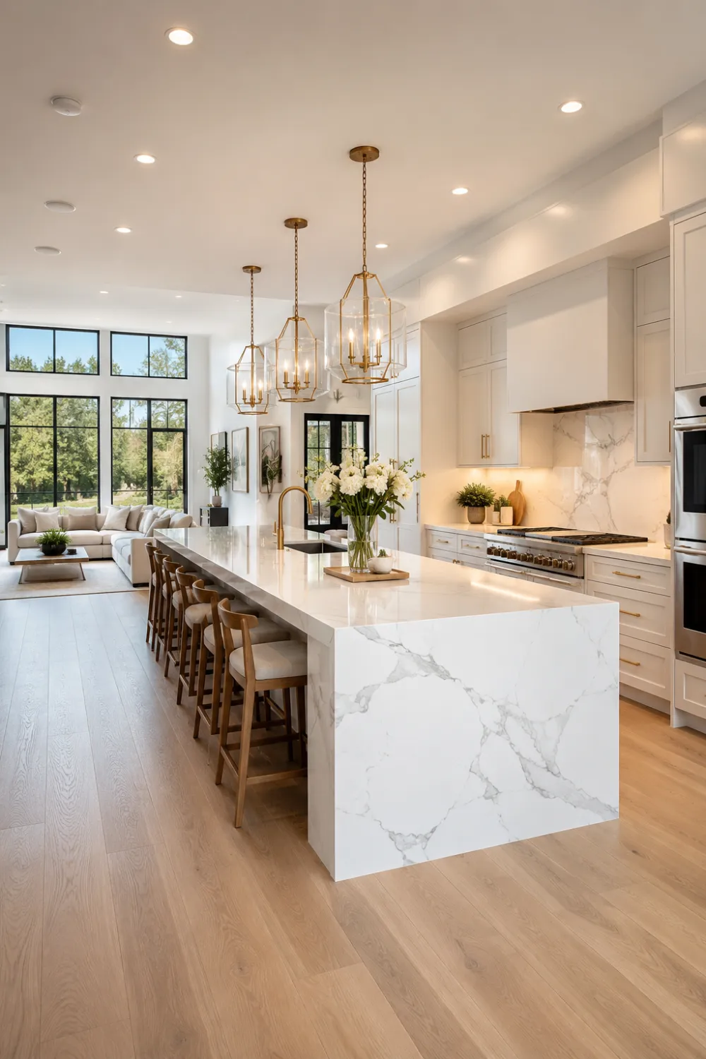 Luxury modern open kitchen featuring a large waterfall marble island with dramatic veining, elegant gold pendant lighting, floor-to-ceiling white cabinetry, warm oak hardwood flooring, upholstered bar stools, premium stainless steel appliances, and a spacious open concept layout connected to a bright living room with oversized windows.