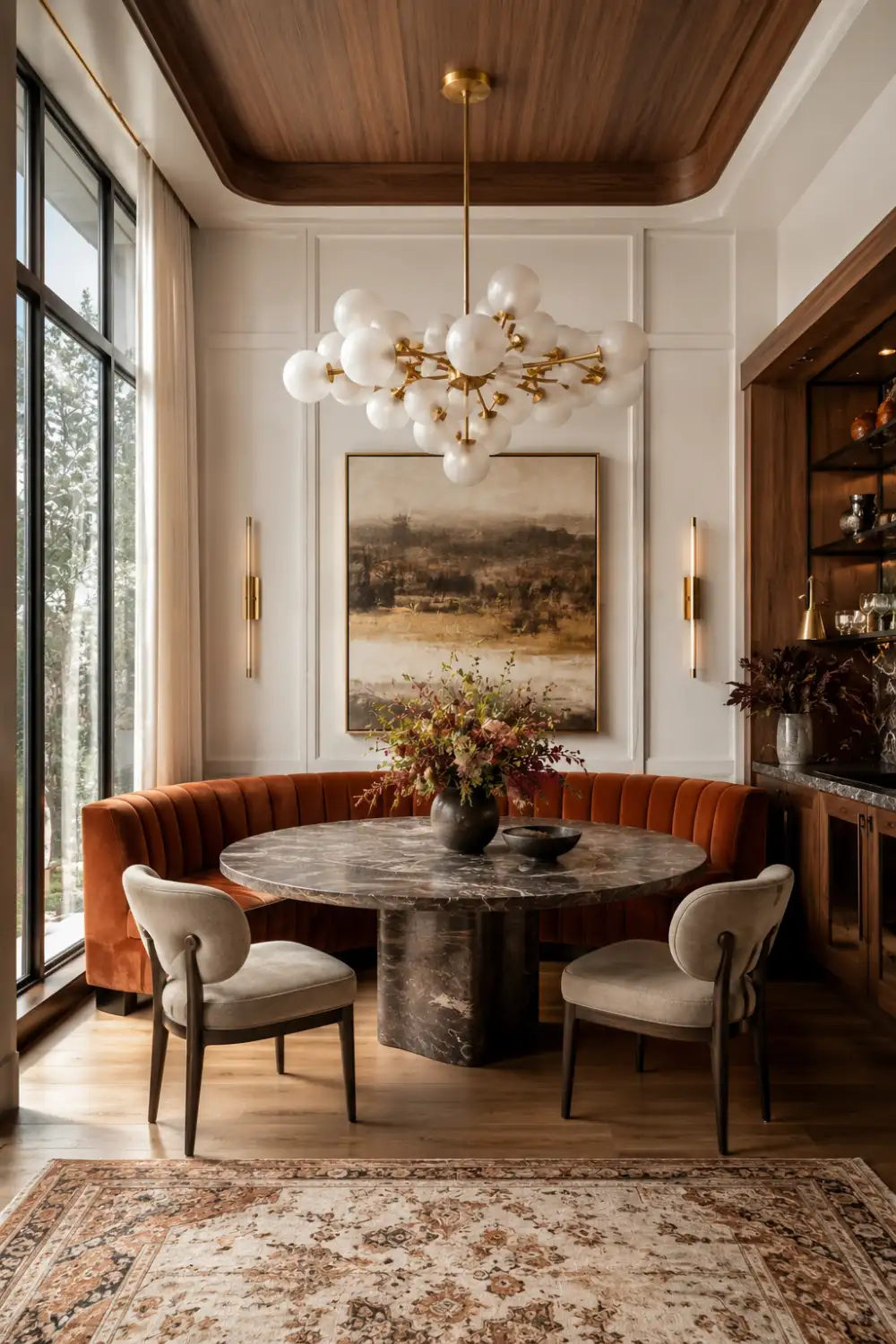 Luxury open-concept breakfast nook with curved rust velvet banquette, dark marble dining table, sculptural chandelier, custom wall molding, oversized artwork, and sophisticated designer dining space.