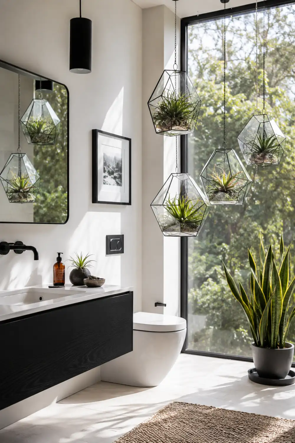 Modern bathroom with geometric hanging glass terrariums, air plants, large windows, minimalist decor, black fixtures, and contemporary bathroom styling