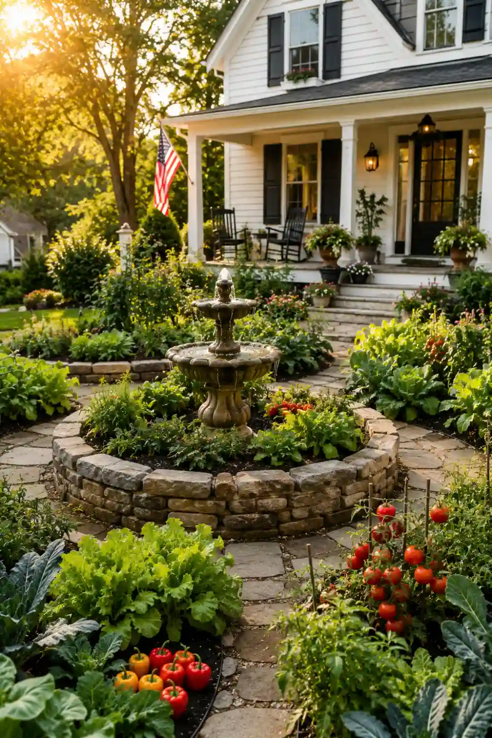 Front yard vegetable garden with a decorative stone fountain centerpiece surrounded by tomatoes, lettuce, peppers, herbs, leafy greens, flowering plants, and curved stone pathways creating an elegant and inviting landscape.