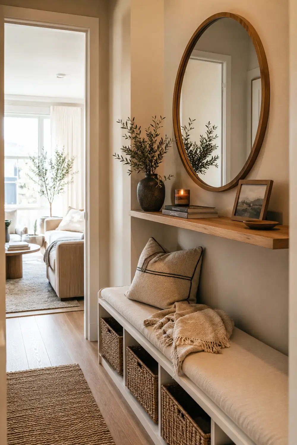 Cozy hallway with built-in bench seating, woven storage baskets, oversized round mirror, floating shelf, decorative greenery, textured throw blanket, neutral decor, and light wood flooring creating a stylish functional entryway.