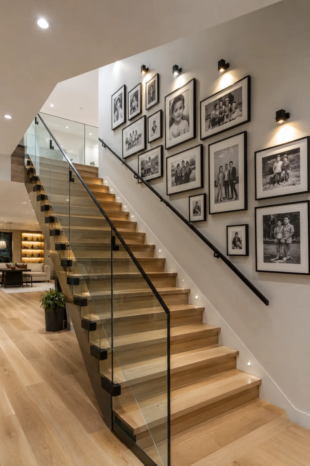 Basement staircase gallery wall featuring framed family photos, modern wood stairs, glass railing, accent lighting, and personalized home decor