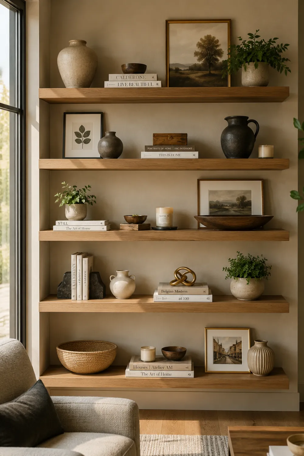 Floating wood shelves styled with decorative books, ceramic vases, framed artwork, candles, woven baskets, and greenery. Beautifully organized wall decor creates a warm and sophisticated designer-inspired living room focal point.