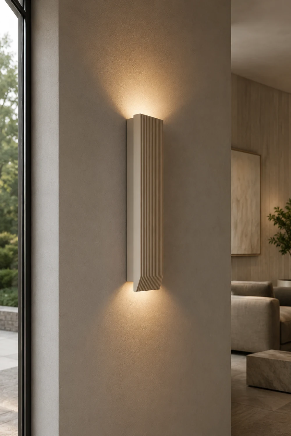 Indirect ambient wall light with a sleek vertical textured design mounted on a contemporary wall, producing soft upward and downward illumination that enhances architectural details and modern interiors.