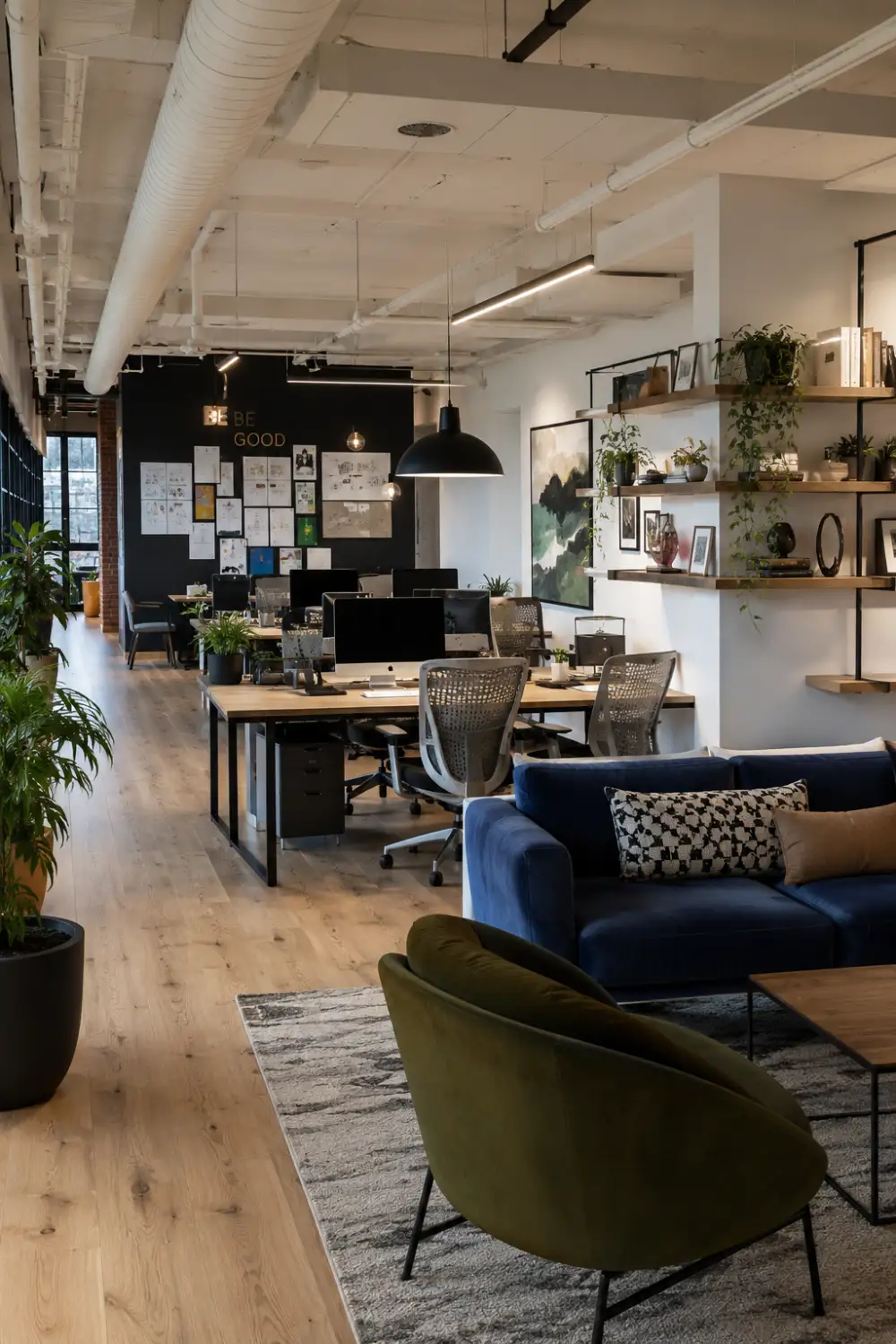 Creative agency office featuring collaborative workstations, industrial-inspired details, open shelving, designer lighting, comfortable lounge seating, indoor plants, and a modern workspace designed for creativity.