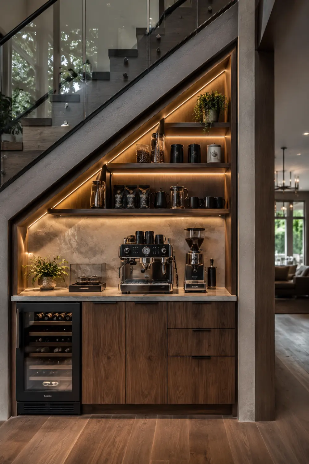 Under stair coffee station with custom cabinetry, built in shelving, espresso machine, coffee storage, warm LED lighting, stone countertop, and luxury finishes maximizing unused space beneath a modern staircase.