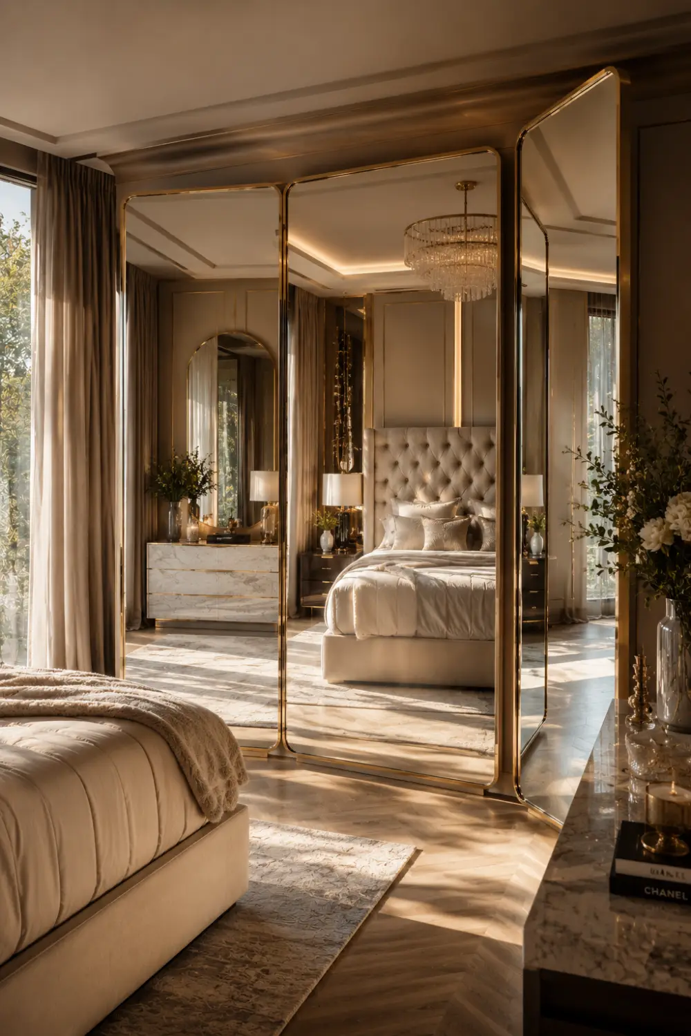 Luxury triple panel dressing mirror reflecting a sophisticated bedroom with tufted headboard, marble furniture, warm lighting, elegant decor, and upscale interior styling