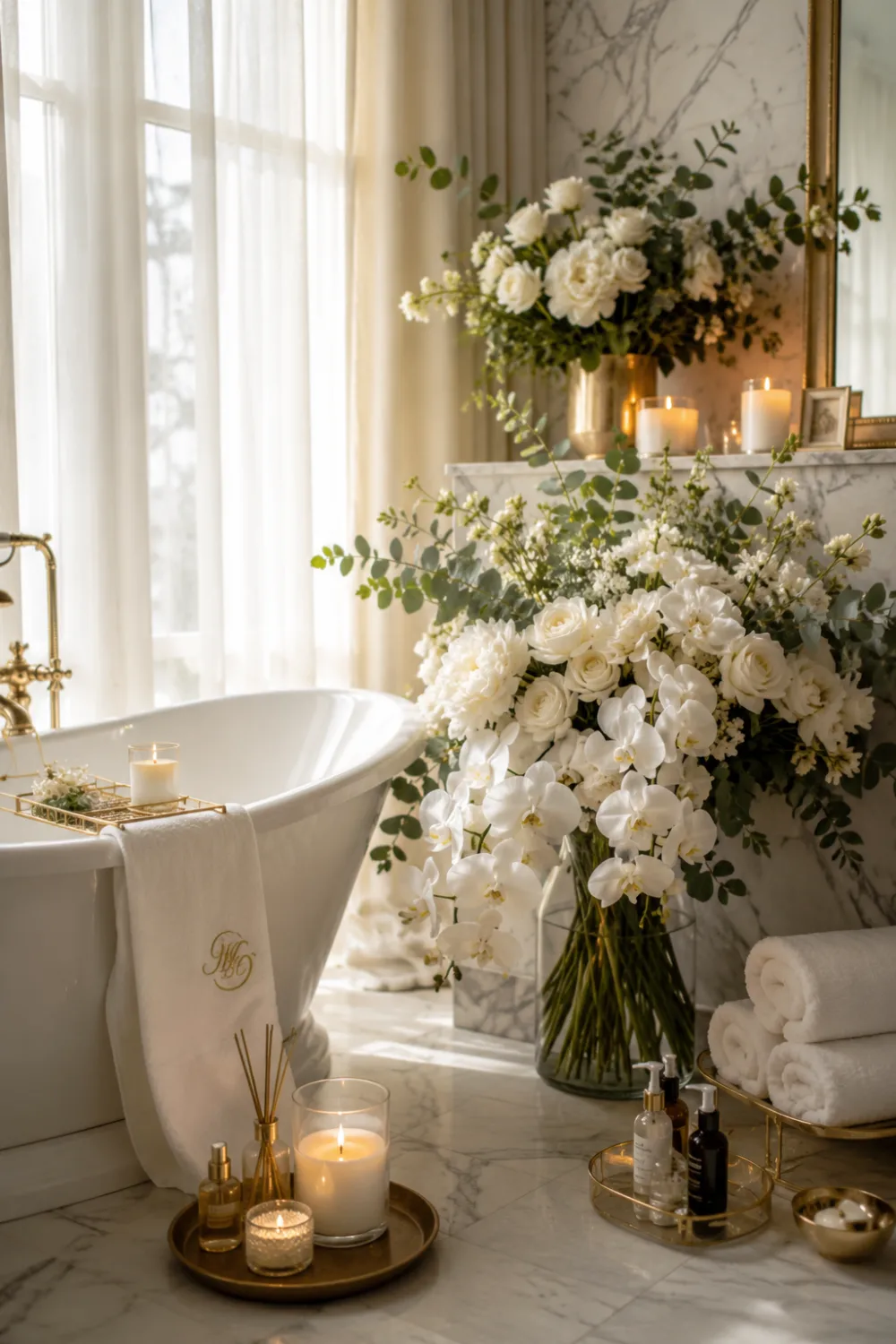 Luxury bathroom floral spa corner featuring white orchids, roses, hydrangeas, candles, rolled towels, marble surfaces, and a freestanding bathtub creating a relaxing spa inspired atmosphere.