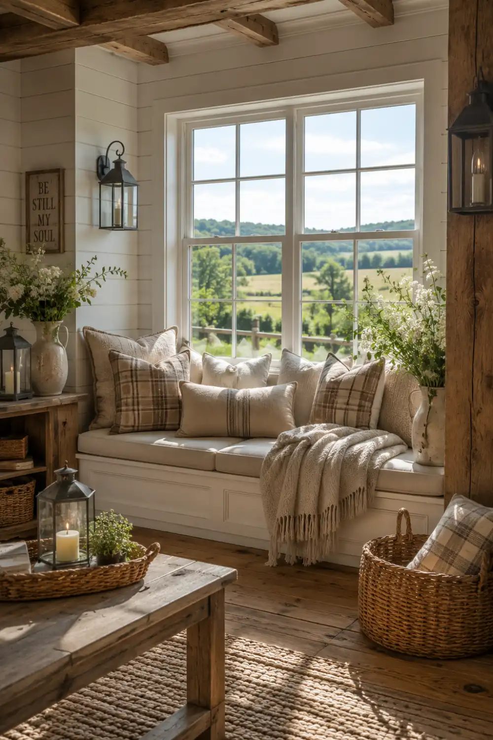 Farmhouse style window seat with shiplap walls, rustic wood beams, plaid accent pillows, woven baskets, lantern decor, fresh flowers, and bright countryside views. Cozy rustic home design filled with warmth, texture, and timeless character.