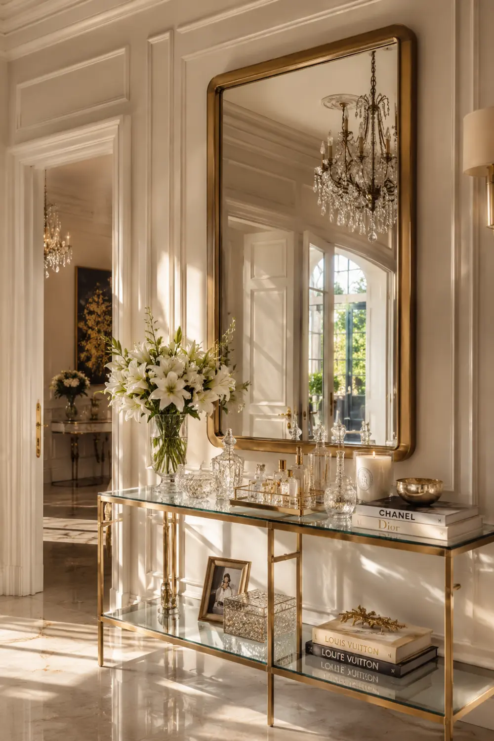 Glass and brass console table styled with crystal decor, fresh flowers, candles, designer books, gold accents, and a large framed mirror in a glamorous luxury entryway.