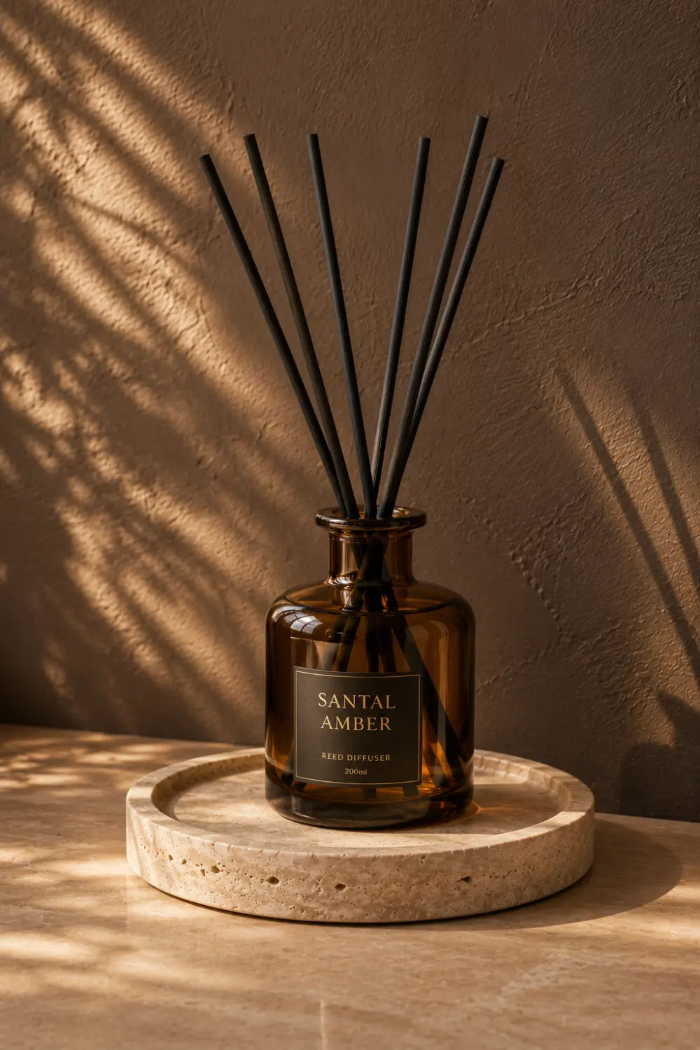 Luxury amber glass reed diffuser with black reeds displayed on a travertine tray in a modern spa inspired home decor setting