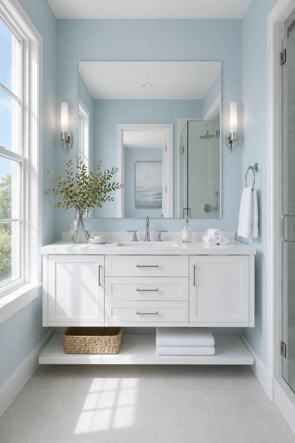 Powder blue bathroom paint color with white vanity, chrome fixtures, bright natural lighting, modern bathroom design, and airy wall color inspiration