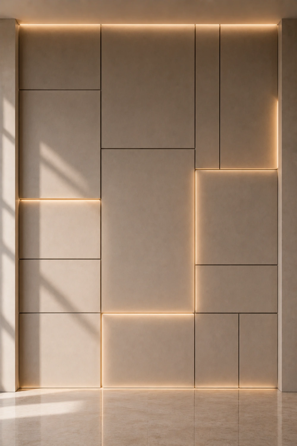 Modern grid panel accent wall with geometric rectangular sections, integrated LED lighting, luxury wall design, contemporary architectural feature wall, elegant neutral home decor inspiration.