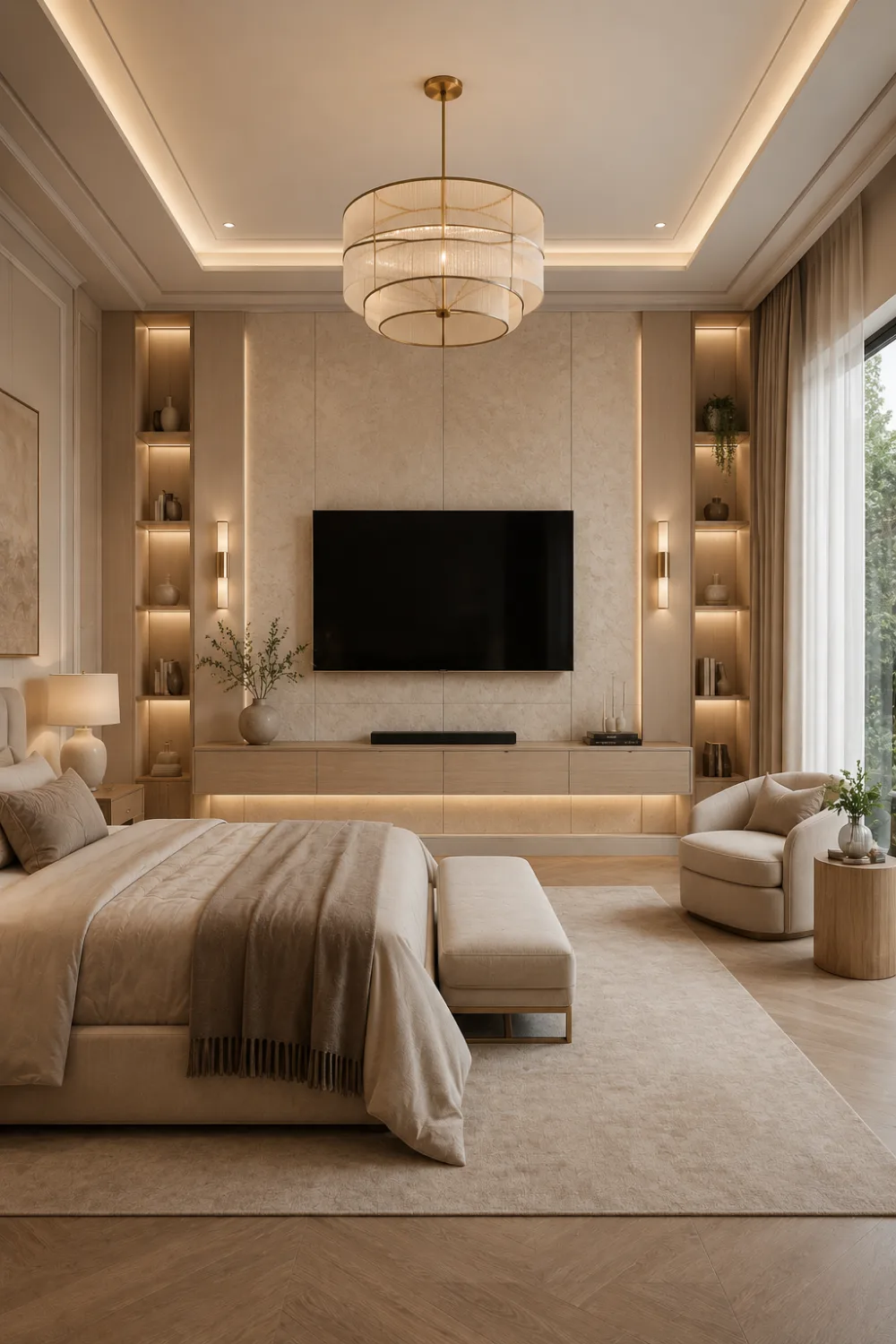 Minimalist beige textured bedroom TV wall with built in shelving, floating media cabinet, warm lighting, neutral bedroom decor, luxury interior styling, modern TV feature wall, and elegant bedroom inspiration.